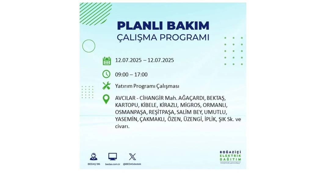 O İLÇELERDE UZUN SÜRE ELEKTRİK OLMAYACAK: BEDAŞ 12 Temmuz elektrik kesintisi yaşayacak ilçeleri sıraladı! 20