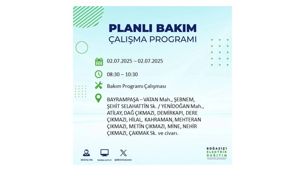 O İLÇELERDE UZUN SÜRE ELEKTRİK OLMAYACAK: BEDAŞ 2 Temmuz Çarşamba elektrik kesintisi yaşayacak ilçeleri sıraladı 64