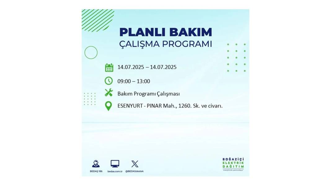 O İLÇELERDE ELEKTRİK OLMAYACAK: BEDAŞ 14 Temmuz Pazartesi elektrik kesintisi yaşayacak ilçeleri sıraladı! 15