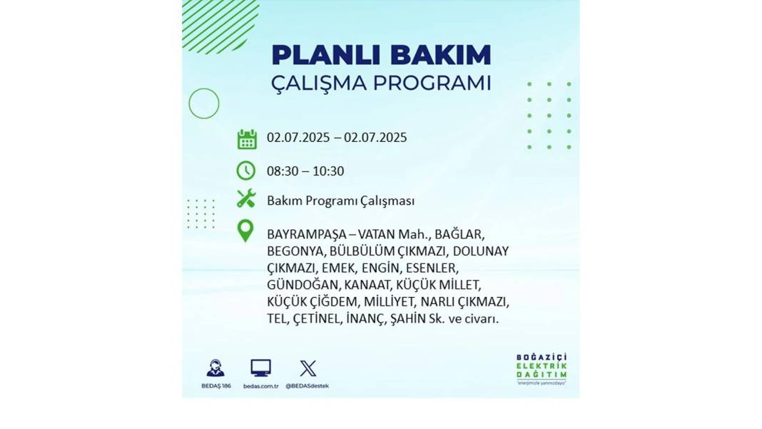 O İLÇELERDE UZUN SÜRE ELEKTRİK OLMAYACAK: BEDAŞ 2 Temmuz Çarşamba elektrik kesintisi yaşayacak ilçeleri sıraladı 61