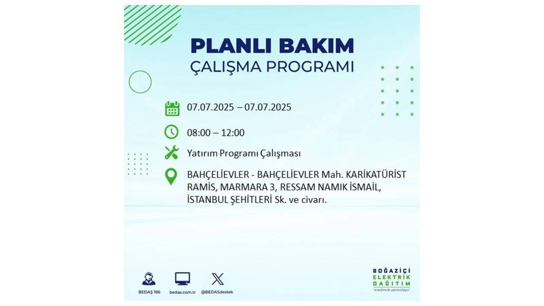 BÜYÜK ELEKTRİK KESİNTİSİ YAŞANACAK: BEDAŞ 7 Temmuz Pazartesi elektrik kesintisi yaşayacak ilçeleri sıraladı! 70