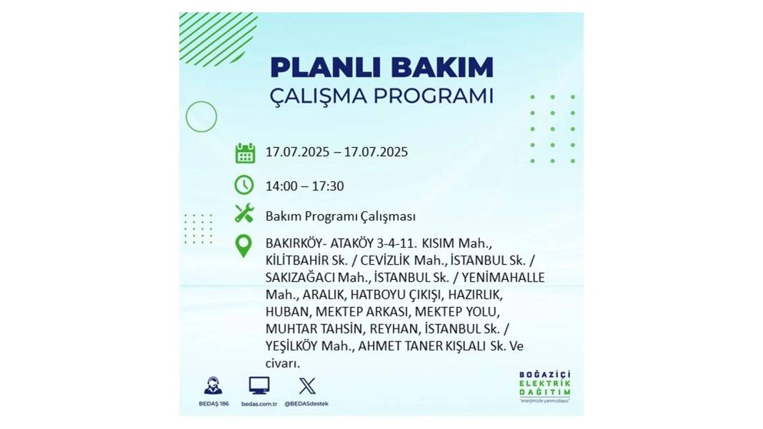 O İLÇELERDE ELEKTRİK OLMAYACAK: BEDAŞ 17 Temmuz Perşembe elektrik kesintisi yaşayacak ilçeleri sıraladı! 67