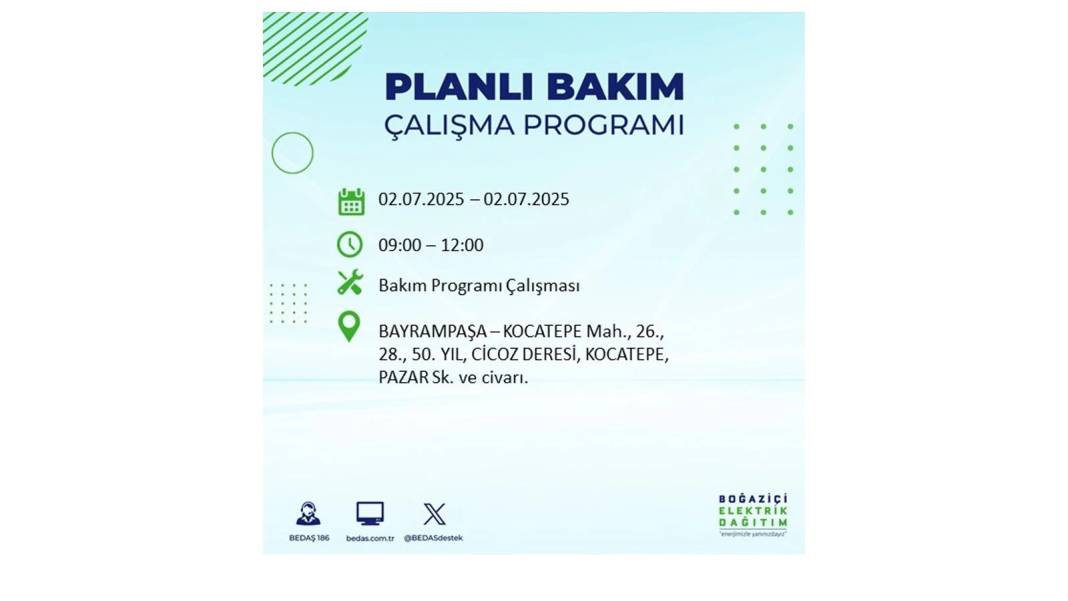 O İLÇELERDE UZUN SÜRE ELEKTRİK OLMAYACAK: BEDAŞ 2 Temmuz Çarşamba elektrik kesintisi yaşayacak ilçeleri sıraladı 60