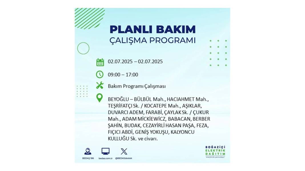 O İLÇELERDE UZUN SÜRE ELEKTRİK OLMAYACAK: BEDAŞ 2 Temmuz Çarşamba elektrik kesintisi yaşayacak ilçeleri sıraladı 58