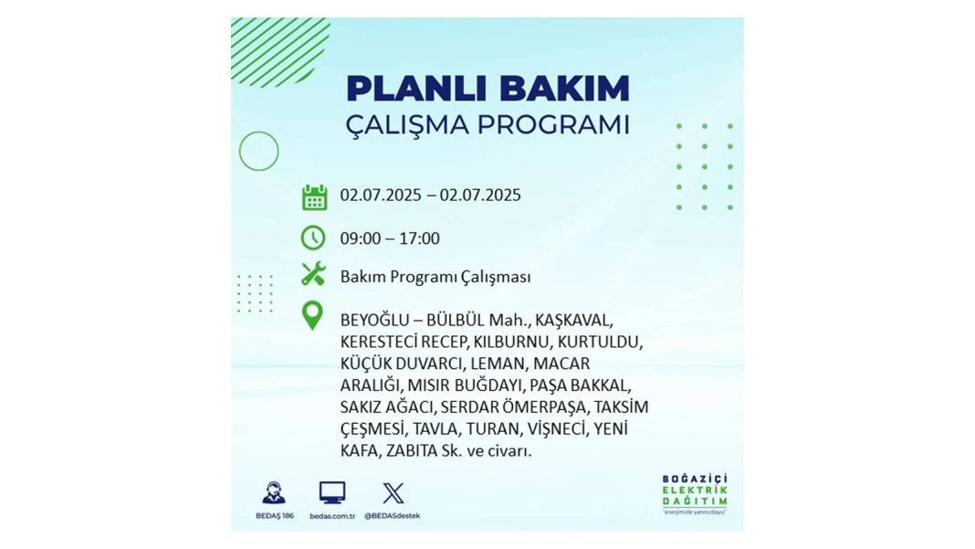 O İLÇELERDE UZUN SÜRE ELEKTRİK OLMAYACAK: BEDAŞ 2 Temmuz Çarşamba elektrik kesintisi yaşayacak ilçeleri sıraladı 57