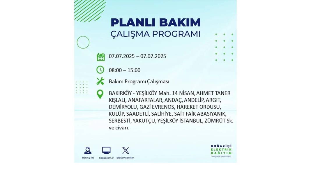 BÜYÜK ELEKTRİK KESİNTİSİ YAŞANACAK: BEDAŞ 7 Temmuz Pazartesi elektrik kesintisi yaşayacak ilçeleri sıraladı! 67