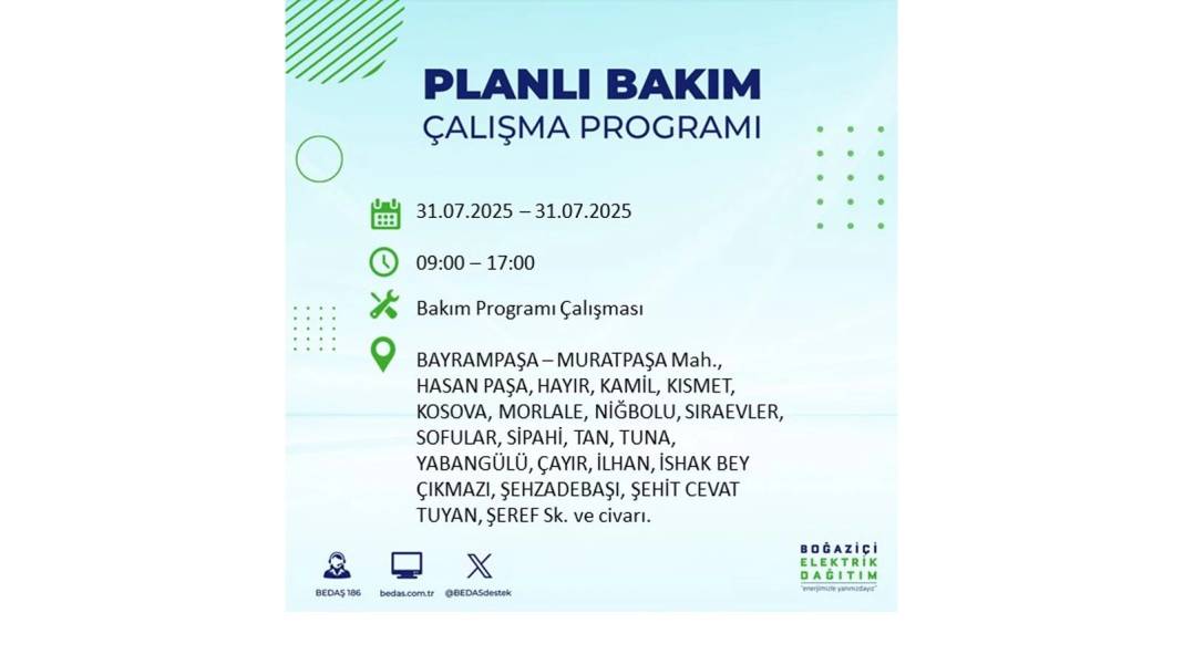 BÜYÜK ELEKTRİK KESİNTİSİ OLACAK: BEDAŞ 31 Temmuz Perşembe elektrik kesintisi yaşayacak ilçeleri sıraladı! 50