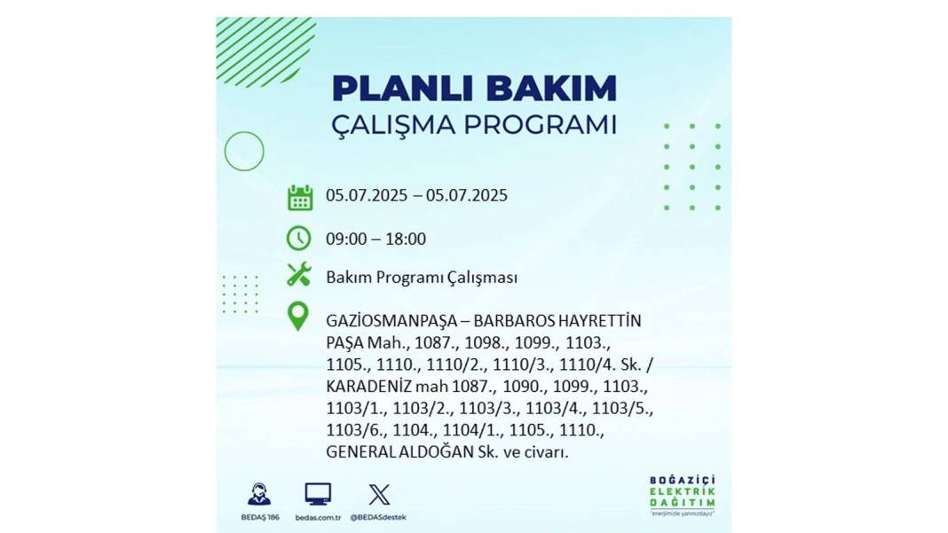 O İLÇELERDE ELEKTRİK OLMAYACAK: BEDAŞ 5 Temmuz Cumartesi elektrik kesintisi yaşayacak ilçeleri duyurdu! 13
