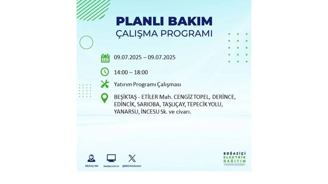 SAATLERCE ELEKTRİK OLMAYACAK: BEDAŞ 9 Temmuz Çarşamba elektrik kesintisi yaşayacak ilçeleri sıraladı! 61