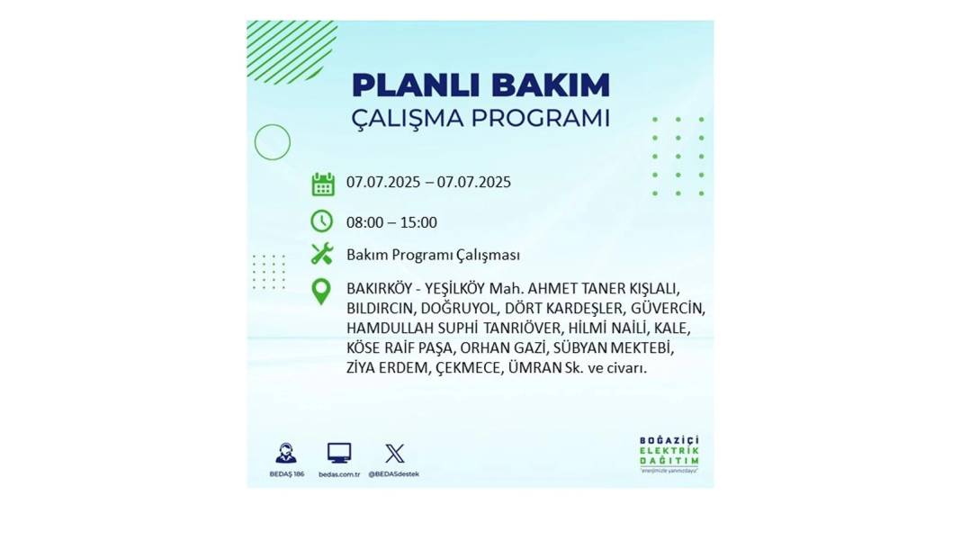 BÜYÜK ELEKTRİK KESİNTİSİ YAŞANACAK: BEDAŞ 7 Temmuz Pazartesi elektrik kesintisi yaşayacak ilçeleri sıraladı! 60
