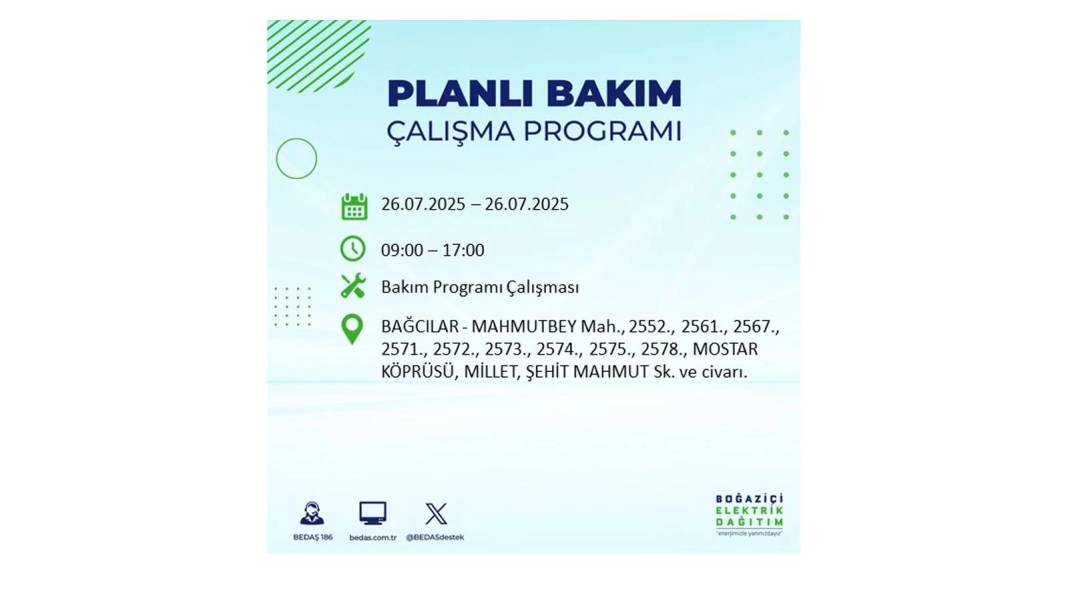 O İLÇELERDE UZUN SÜRE ELEKTRİK OLMAYACAK: BEDAŞ 26 Temmuz Cumartesi elektrik kesintisi yaşayacak ilçeleri sıraladı 26
