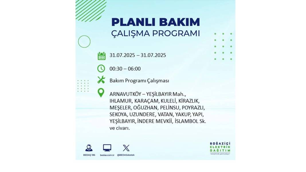 BÜYÜK ELEKTRİK KESİNTİSİ OLACAK: BEDAŞ 31 Temmuz Perşembe elektrik kesintisi yaşayacak ilçeleri sıraladı! 76
