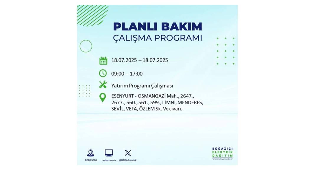 O İLÇELERDE UZUN SÜRE ELEKTRİK OLMAYACAK: BEDAŞ 18 Temmuz Cuma elektrik kesintisi yaşayacak ilçeleri duyurdu! 45