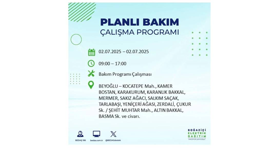 O İLÇELERDE UZUN SÜRE ELEKTRİK OLMAYACAK: BEDAŞ 2 Temmuz Çarşamba elektrik kesintisi yaşayacak ilçeleri sıraladı 50