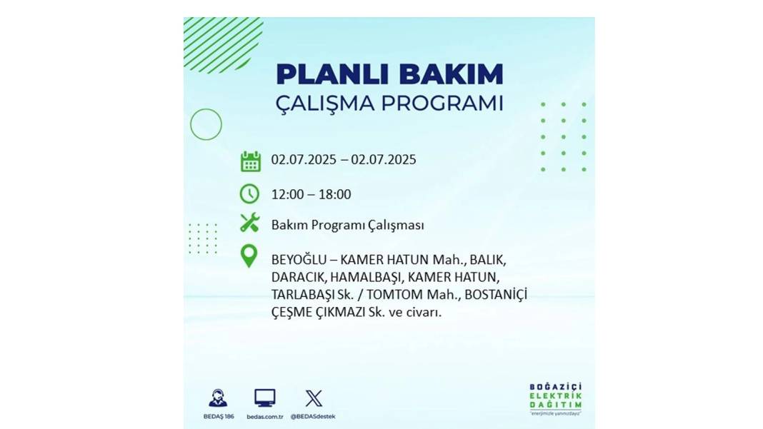 O İLÇELERDE UZUN SÜRE ELEKTRİK OLMAYACAK: BEDAŞ 2 Temmuz Çarşamba elektrik kesintisi yaşayacak ilçeleri sıraladı 52