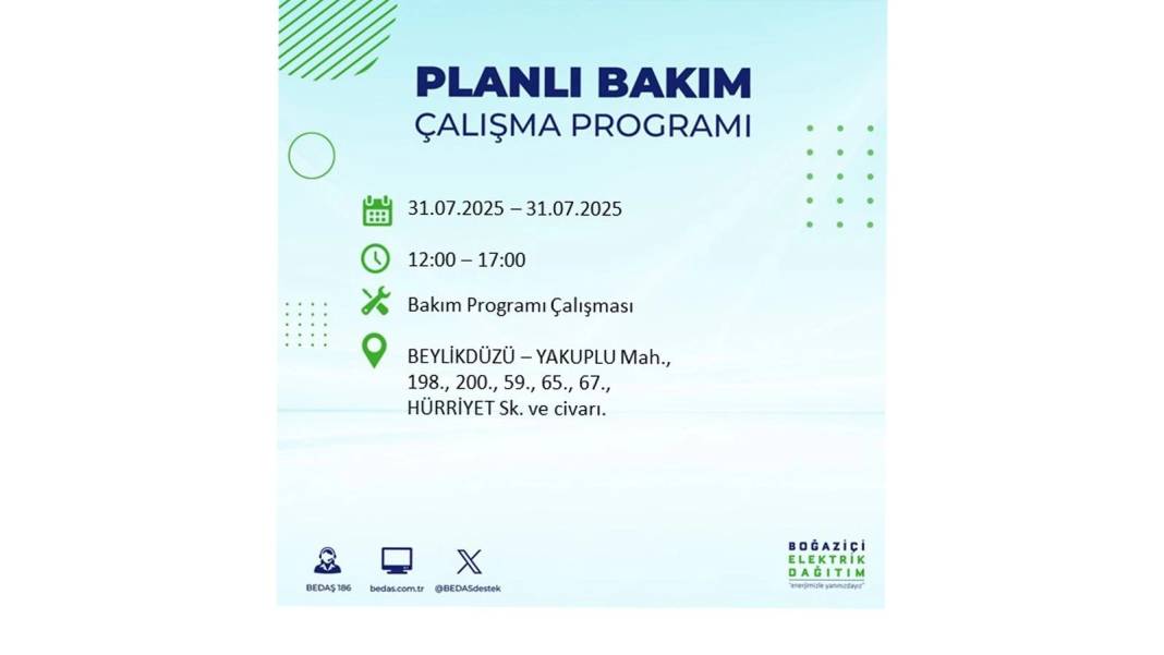 BÜYÜK ELEKTRİK KESİNTİSİ OLACAK: BEDAŞ 31 Temmuz Perşembe elektrik kesintisi yaşayacak ilçeleri sıraladı! 49