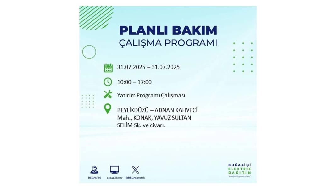 BÜYÜK ELEKTRİK KESİNTİSİ OLACAK: BEDAŞ 31 Temmuz Perşembe elektrik kesintisi yaşayacak ilçeleri sıraladı! 48