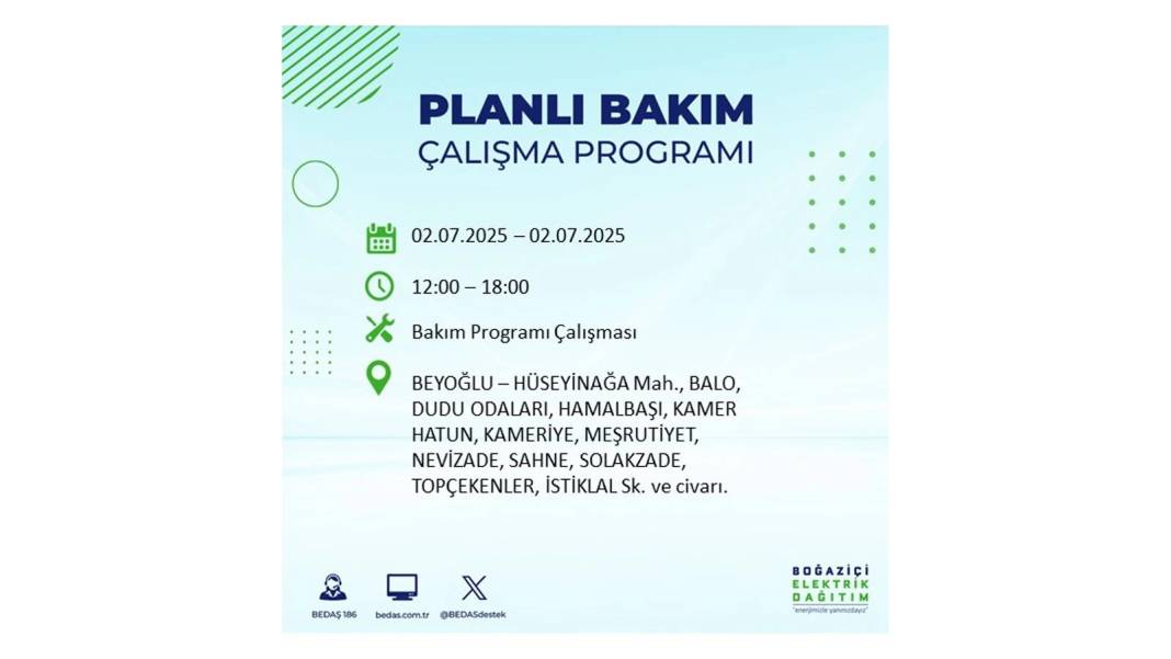O İLÇELERDE UZUN SÜRE ELEKTRİK OLMAYACAK: BEDAŞ 2 Temmuz Çarşamba elektrik kesintisi yaşayacak ilçeleri sıraladı 51