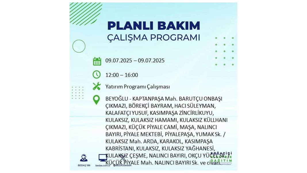 SAATLERCE ELEKTRİK OLMAYACAK: BEDAŞ 9 Temmuz Çarşamba elektrik kesintisi yaşayacak ilçeleri sıraladı! 55