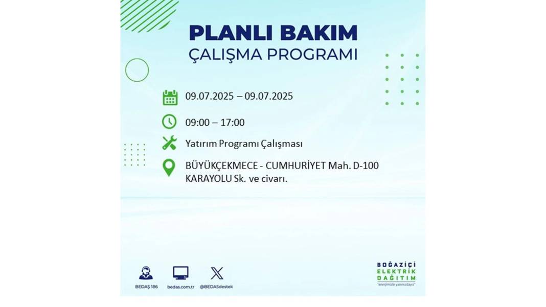 SAATLERCE ELEKTRİK OLMAYACAK: BEDAŞ 9 Temmuz Çarşamba elektrik kesintisi yaşayacak ilçeleri sıraladı! 59
