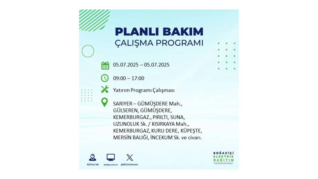 O İLÇELERDE ELEKTRİK OLMAYACAK: BEDAŞ 5 Temmuz Cumartesi elektrik kesintisi yaşayacak ilçeleri duyurdu! 7