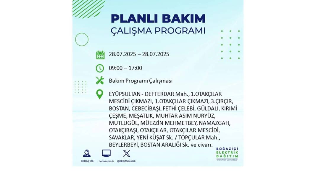 O İLÇELERDE ELEKTRİK OLMAYACAK: BEDAŞ 28 Temmuz Pazartesi elektrik kesintisi yaşayacak ilçeleri sıraladı! 21