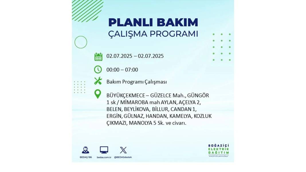 O İLÇELERDE UZUN SÜRE ELEKTRİK OLMAYACAK: BEDAŞ 2 Temmuz Çarşamba elektrik kesintisi yaşayacak ilçeleri sıraladı 44
