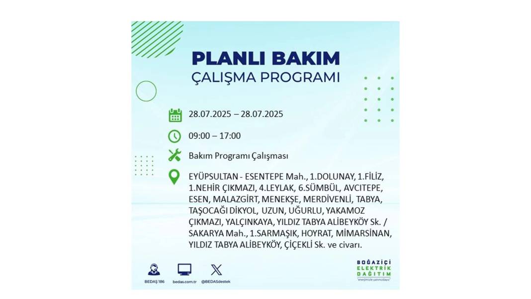 O İLÇELERDE ELEKTRİK OLMAYACAK: BEDAŞ 28 Temmuz Pazartesi elektrik kesintisi yaşayacak ilçeleri sıraladı! 18