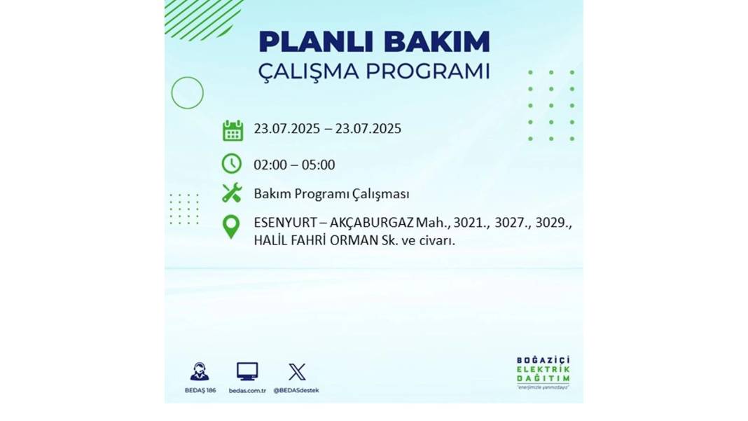 BÜYÜK ELEKTRİK KESİNTİSİ YAŞANACAK: BEDAŞ 23 Temmuz Çarşamba günü elektrik kesintisi yaşayacak ilçeleri sıraladı! 36