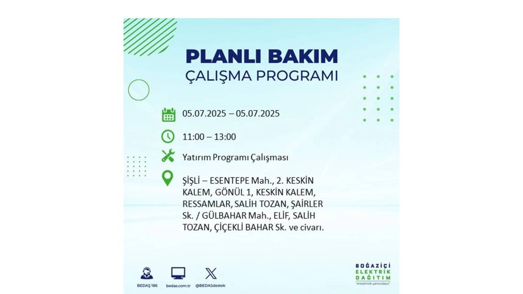 O İLÇELERDE ELEKTRİK OLMAYACAK: BEDAŞ 5 Temmuz Cumartesi elektrik kesintisi yaşayacak ilçeleri duyurdu! 3