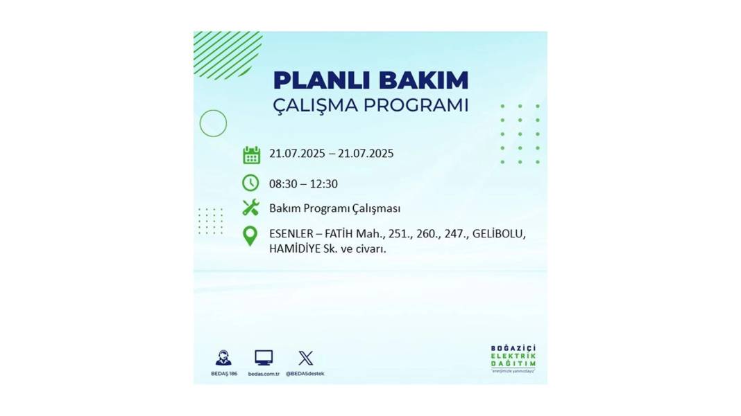 O İLÇLERDE ELEKTRİK OLMAYACAK: BEDAŞ 21 Temmuz Pazartesi elektrik kesintisi yaşayacak ilçeleri sıraladı! 25