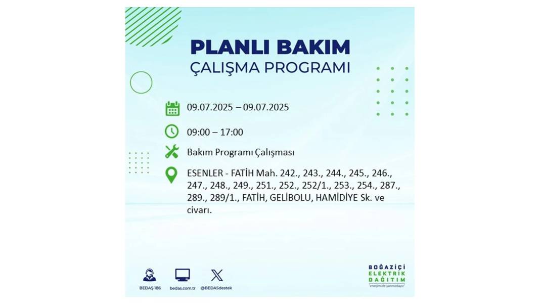 SAATLERCE ELEKTRİK OLMAYACAK: BEDAŞ 9 Temmuz Çarşamba elektrik kesintisi yaşayacak ilçeleri sıraladı! 50