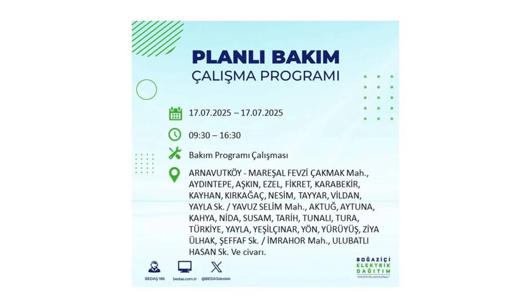 O İLÇELERDE ELEKTRİK OLMAYACAK: BEDAŞ 17 Temmuz Perşembe elektrik kesintisi yaşayacak ilçeleri sıraladı! 88