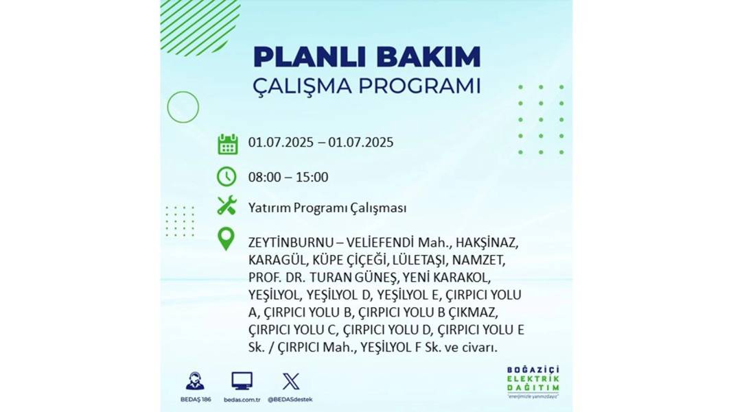 O İLÇELERDE ELEKTRİK OLMAYACAK: BEDAŞ 1 Temmuz Salı elektrik kesintisi yaşayacak ilçeleri sıraladı! 80