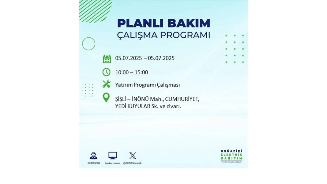 O İLÇELERDE ELEKTRİK OLMAYACAK: BEDAŞ 5 Temmuz Cumartesi elektrik kesintisi yaşayacak ilçeleri duyurdu! 2