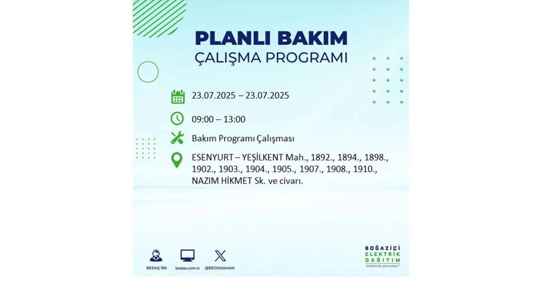 BÜYÜK ELEKTRİK KESİNTİSİ YAŞANACAK: BEDAŞ 23 Temmuz Çarşamba günü elektrik kesintisi yaşayacak ilçeleri sıraladı! 34