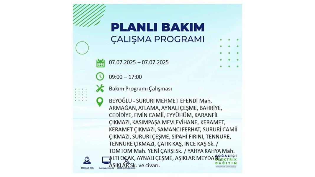 BÜYÜK ELEKTRİK KESİNTİSİ YAŞANACAK: BEDAŞ 7 Temmuz Pazartesi elektrik kesintisi yaşayacak ilçeleri sıraladı! 51