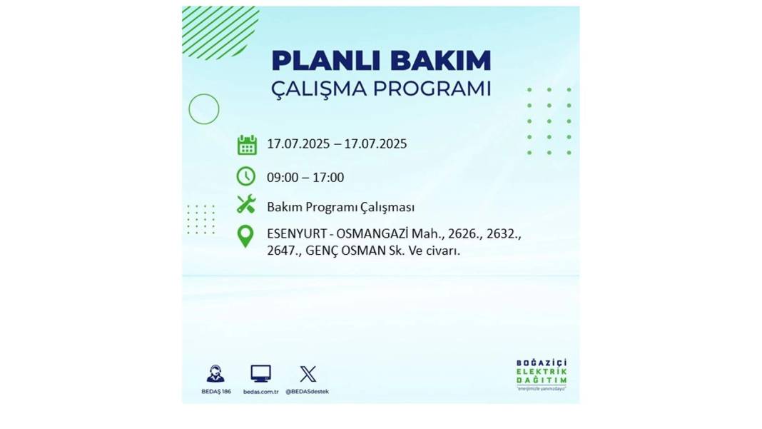O İLÇELERDE ELEKTRİK OLMAYACAK: BEDAŞ 17 Temmuz Perşembe elektrik kesintisi yaşayacak ilçeleri sıraladı! 50