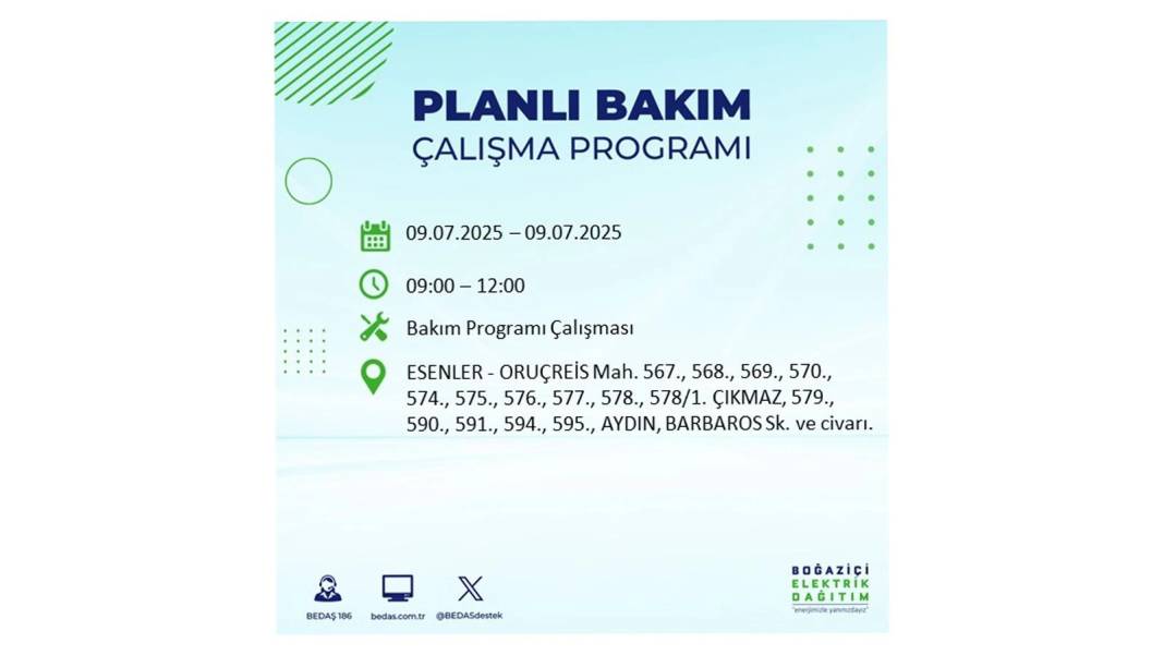 SAATLERCE ELEKTRİK OLMAYACAK: BEDAŞ 9 Temmuz Çarşamba elektrik kesintisi yaşayacak ilçeleri sıraladı! 47