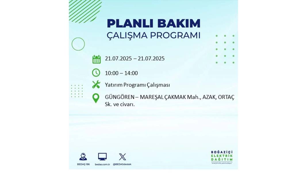 O İLÇLERDE ELEKTRİK OLMAYACAK: BEDAŞ 21 Temmuz Pazartesi elektrik kesintisi yaşayacak ilçeleri sıraladı! 20