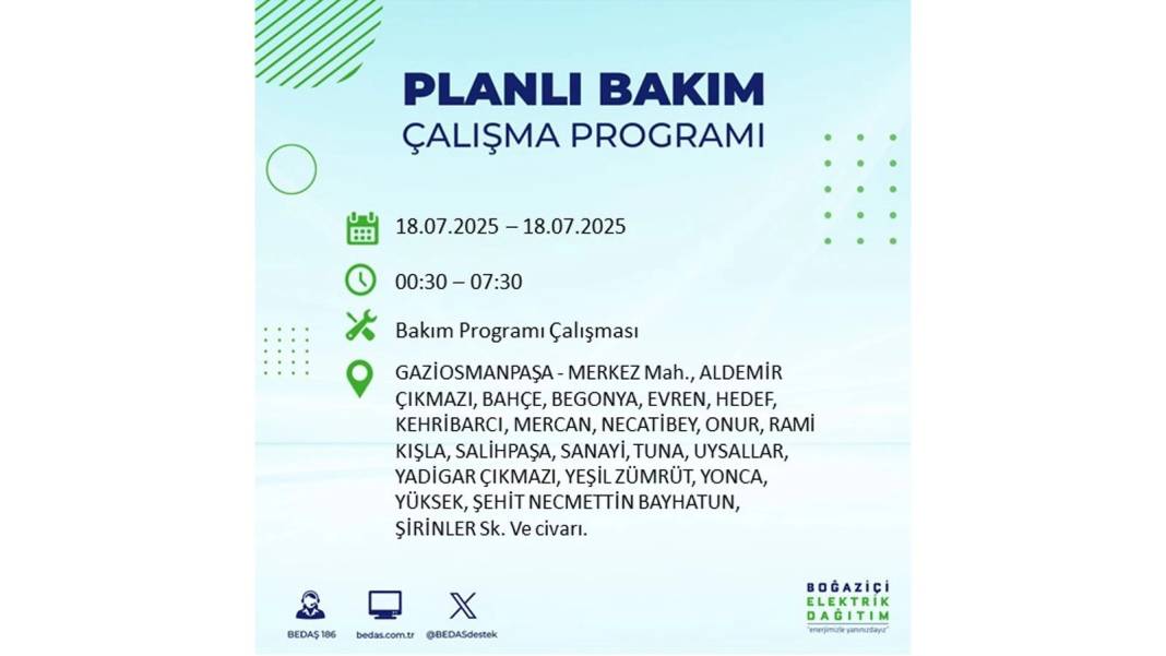 O İLÇELERDE UZUN SÜRE ELEKTRİK OLMAYACAK: BEDAŞ 18 Temmuz Cuma elektrik kesintisi yaşayacak ilçeleri duyurdu! 33