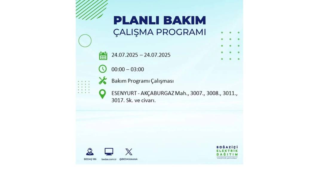 BÜYÜK KESİNTİ YAŞANACAK: BEDAŞ 24 Temmuz Perşembe elektrik kesintisi yaşayacak ilçeleri sıraladı. Elektrikler ne zaman gelecek? 20