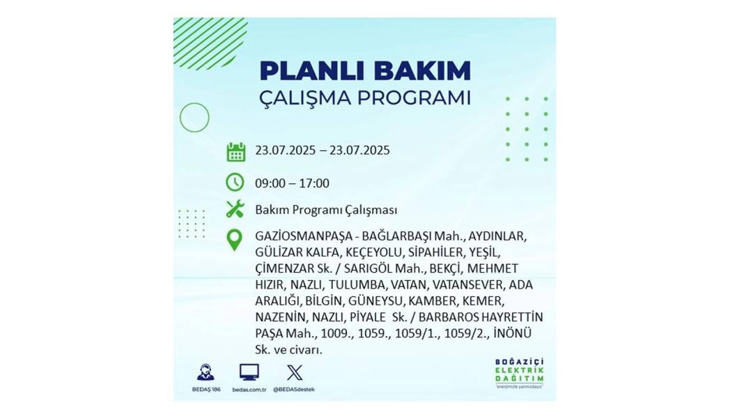 BÜYÜK ELEKTRİK KESİNTİSİ YAŞANACAK: BEDAŞ 23 Temmuz Çarşamba günü elektrik kesintisi yaşayacak ilçeleri sıraladı! 24