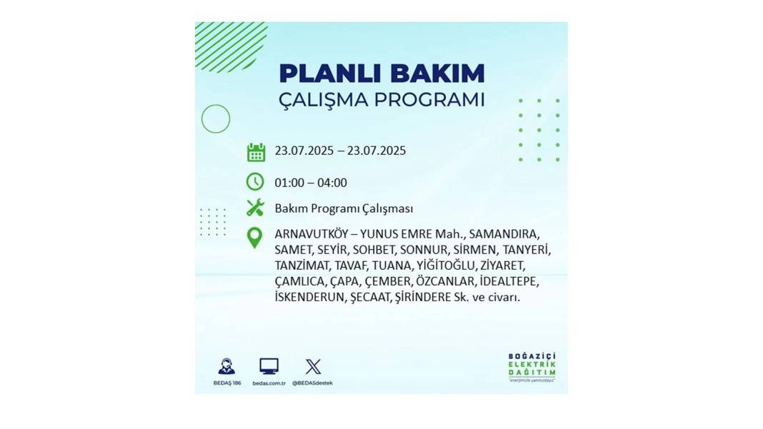 BÜYÜK ELEKTRİK KESİNTİSİ YAŞANACAK: BEDAŞ 23 Temmuz Çarşamba günü elektrik kesintisi yaşayacak ilçeleri sıraladı! 67