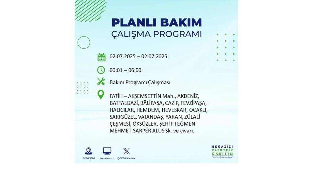 O İLÇELERDE UZUN SÜRE ELEKTRİK OLMAYACAK: BEDAŞ 2 Temmuz Çarşamba elektrik kesintisi yaşayacak ilçeleri sıraladı 33