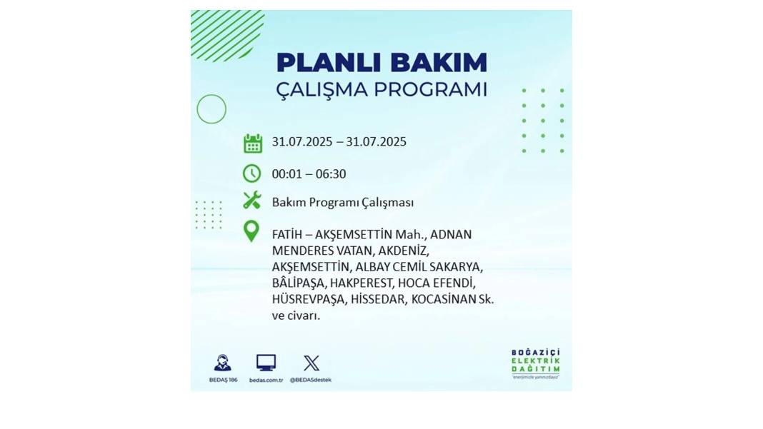 BÜYÜK ELEKTRİK KESİNTİSİ OLACAK: BEDAŞ 31 Temmuz Perşembe elektrik kesintisi yaşayacak ilçeleri sıraladı! 32