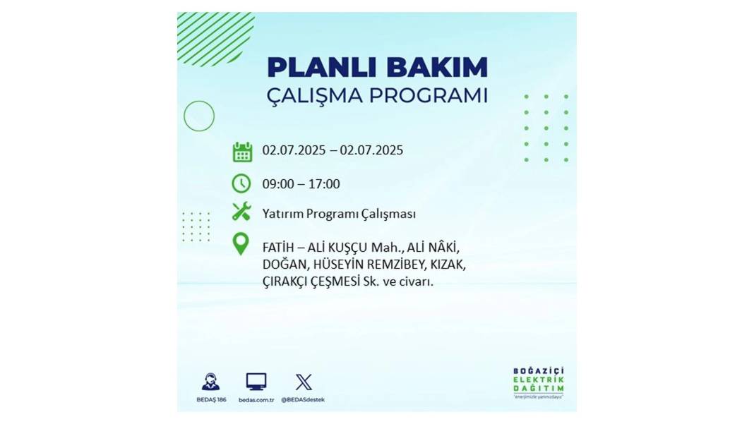 O İLÇELERDE UZUN SÜRE ELEKTRİK OLMAYACAK: BEDAŞ 2 Temmuz Çarşamba elektrik kesintisi yaşayacak ilçeleri sıraladı 29
