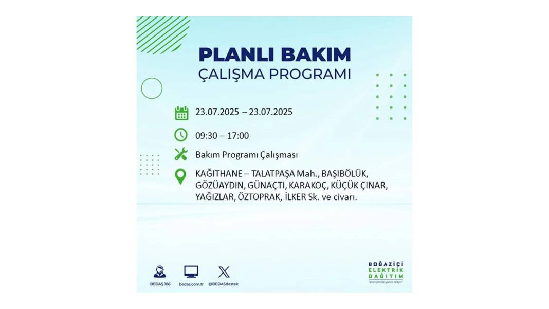 BÜYÜK ELEKTRİK KESİNTİSİ YAŞANACAK: BEDAŞ 23 Temmuz Çarşamba günü elektrik kesintisi yaşayacak ilçeleri sıraladı! 20