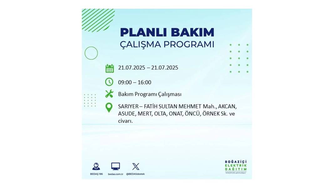 O İLÇLERDE ELEKTRİK OLMAYACAK: BEDAŞ 21 Temmuz Pazartesi elektrik kesintisi yaşayacak ilçeleri sıraladı! 7