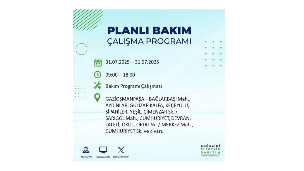 BÜYÜK ELEKTRİK KESİNTİSİ OLACAK: BEDAŞ 31 Temmuz Perşembe elektrik kesintisi yaşayacak ilçeleri sıraladı! 25